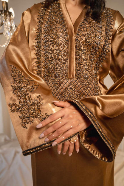 RAHEEN – Bronze Embroidered Column Silhouette